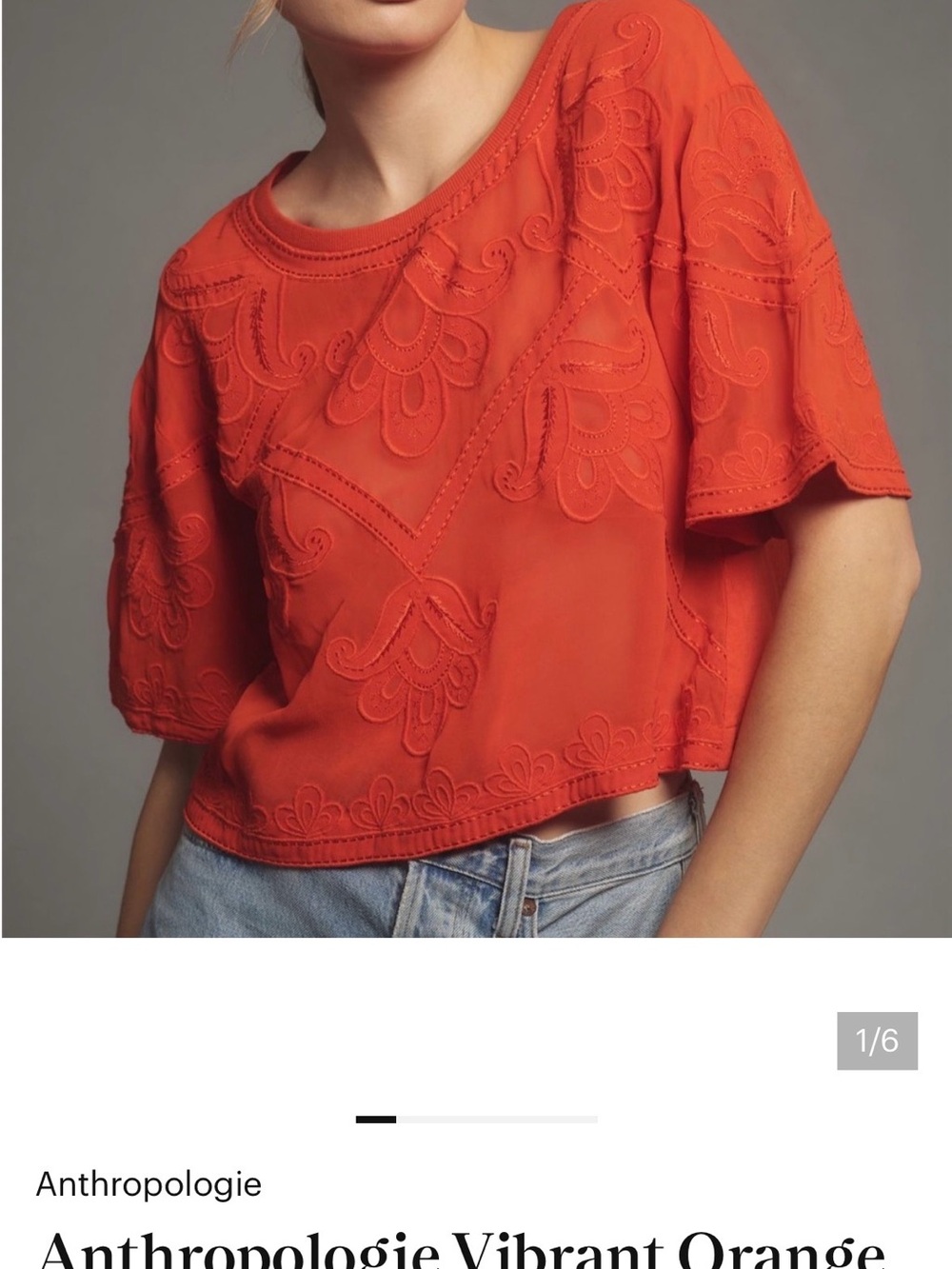 Anthropologie Women’s Embroidered Orange Short-Sleeve Crop Top